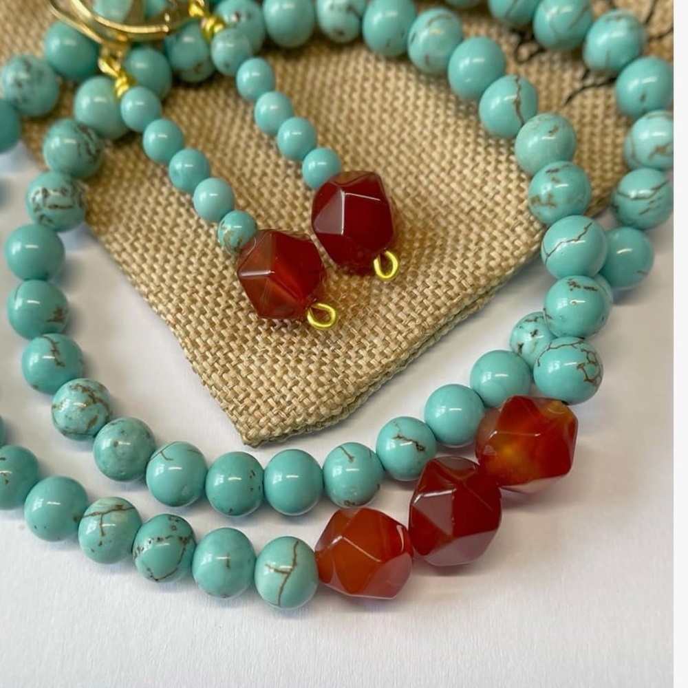 NEW Natural Blue Turquoise Stone Beads and Red Agate Jewelry Set